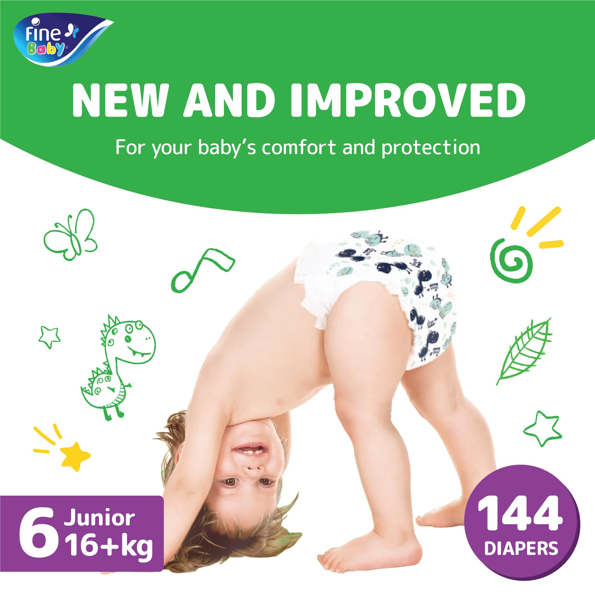 Fine Baby Diapers with the New Double Lock Size 6 Junior 16+ kg, 144 Count (36x4) حفاظات فاين بيبي بلوشن لمسة الأم، حجم جونيور 22+ كغم، العبوة الكبيرة 144 حفاظة Fine Baby Diapers with the New Double Lock Size 6 Junior 16+ kg, 144 Count (36x4) حفاظات فاين بيبي بلوشن لمسة الأم، حجم جونيور 22+ كغم، العبوة الكبيرة 144 حفاظة